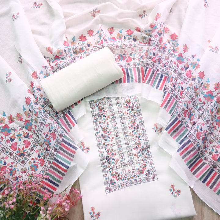 Rangrez Pearl White Moti Work Digital Printed Cotton Suit Set