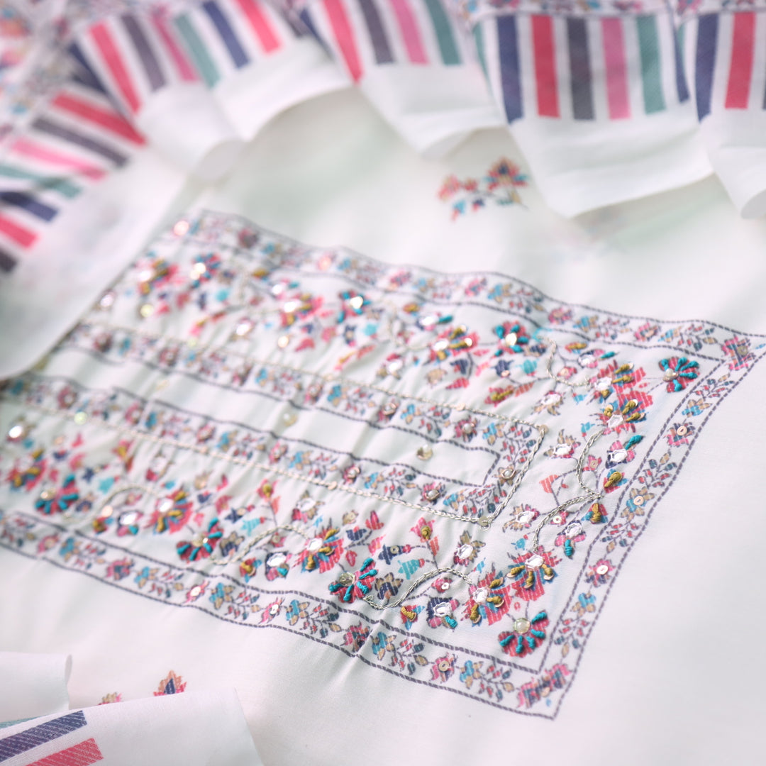 Rangrez Pearl White Moti Work Digital Printed Cotton Suit Set