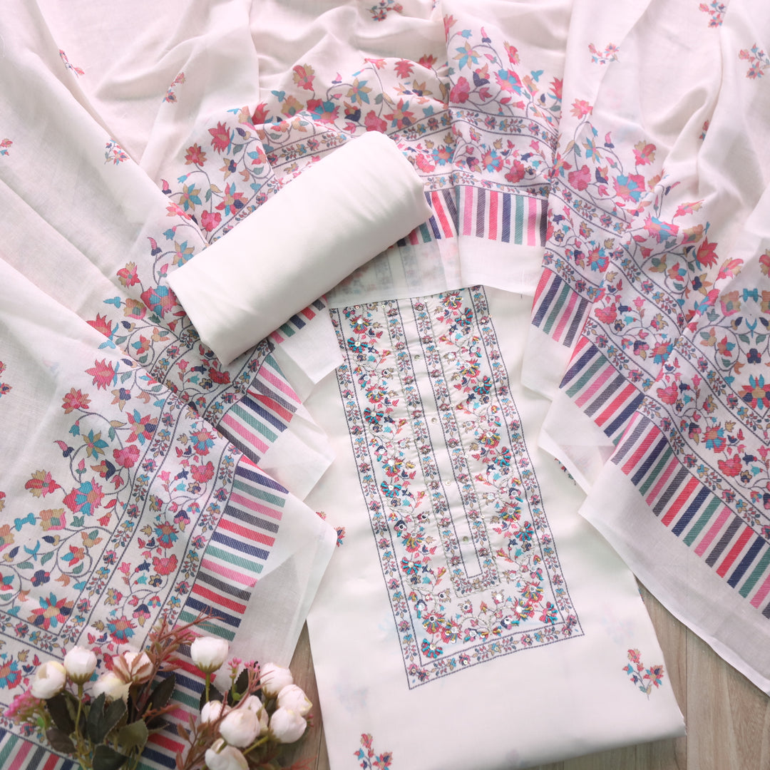 Rangrez Creamy White Moti Work Digital Printed Cotton Suit Set