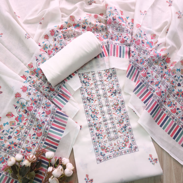 Rangrez Creamy White Moti Work Digital Printed Cotton Suit Set