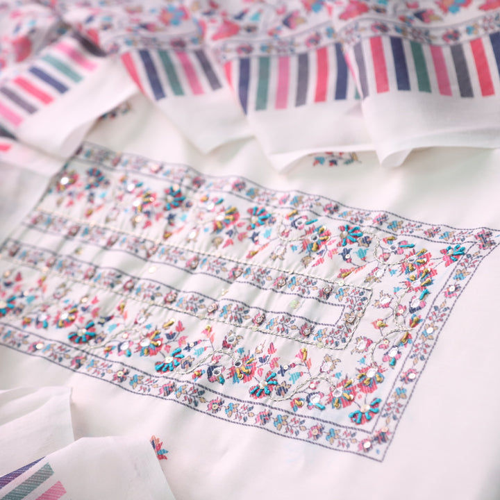 Rangrez Creamy White Moti Work Digital Printed Cotton Suit Set
