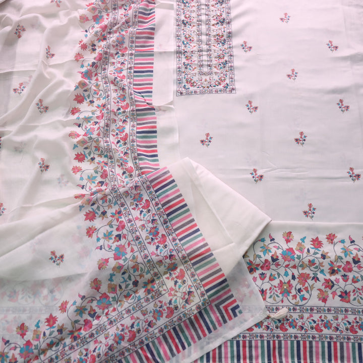 Rangrez Creamy White Moti Work Digital Printed Cotton Suit Set