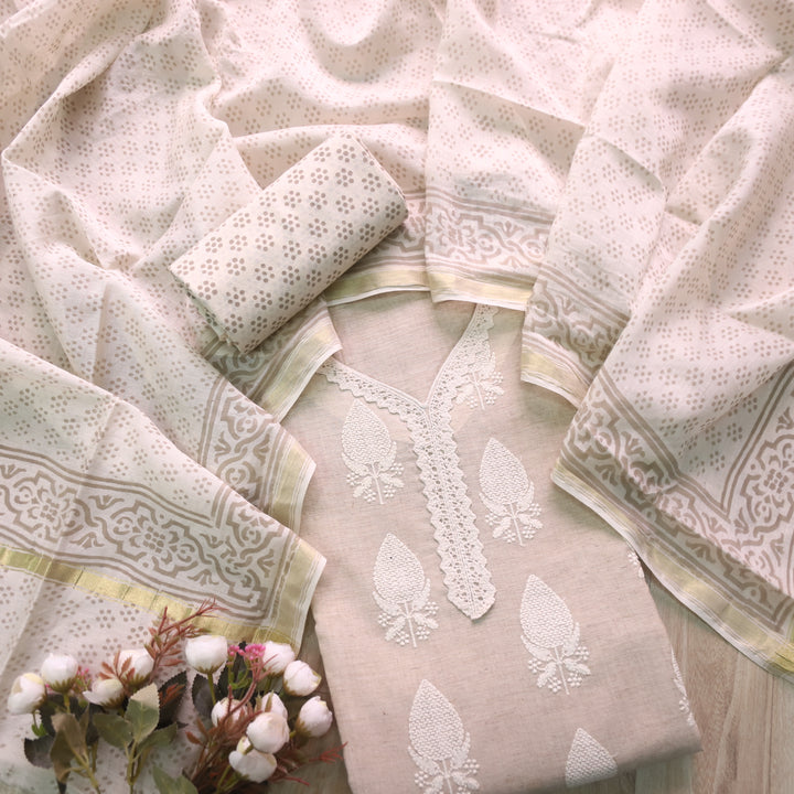 Rashiya Skin Beige Lace Thread Neck Work Jamdani Suit Set