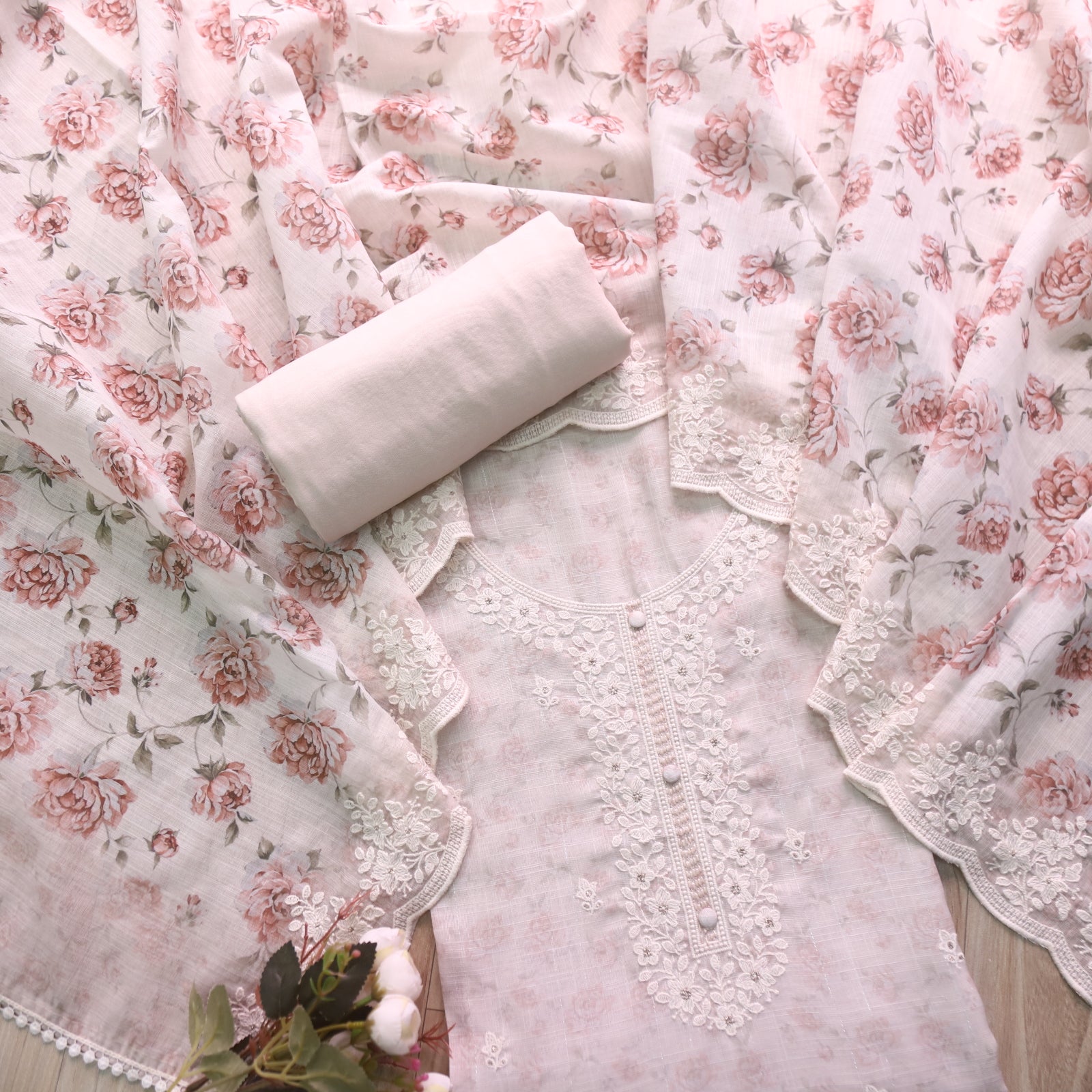 Roop Skin Beige Thread Work Embroidery Neck Cotton Linen Suit Set ...