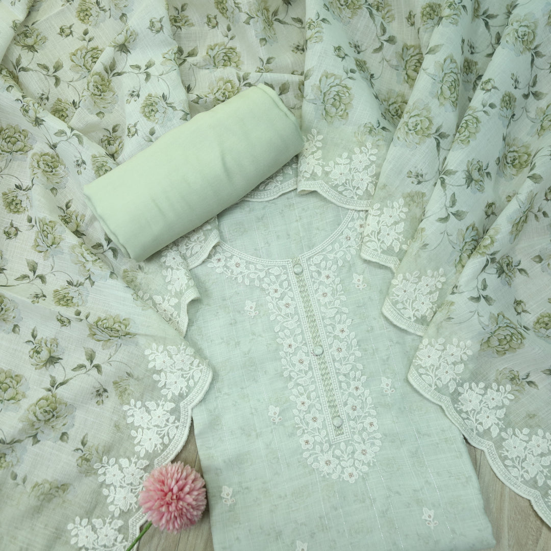 Roop Light Sage Green Thread Work Embroidery Neck Cotton Linen Suit Set