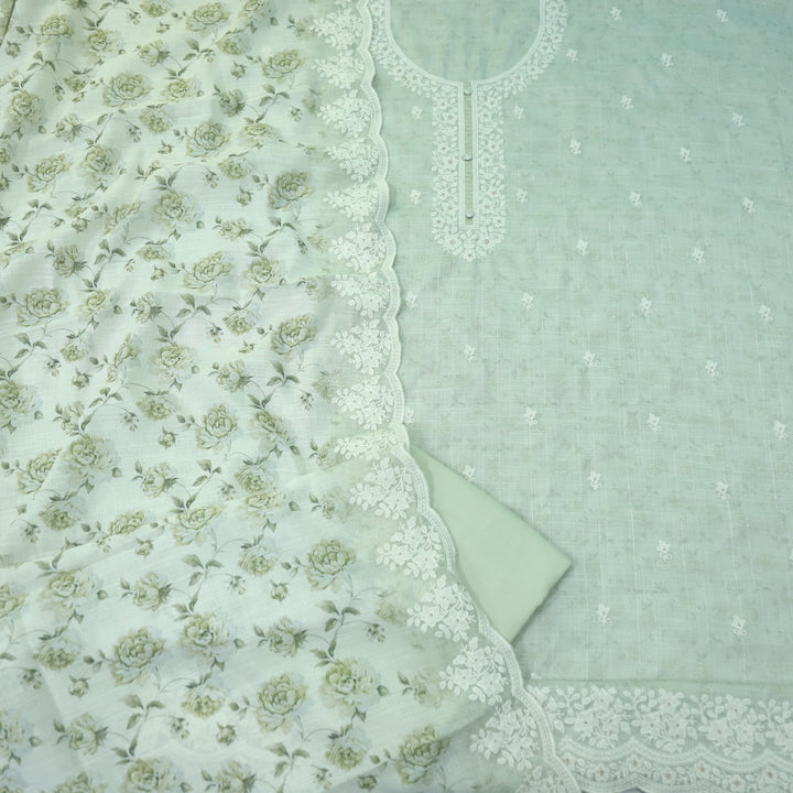 Roop Light Sage Green Thread Work Embroidery Neck Cotton Linen Suit Set