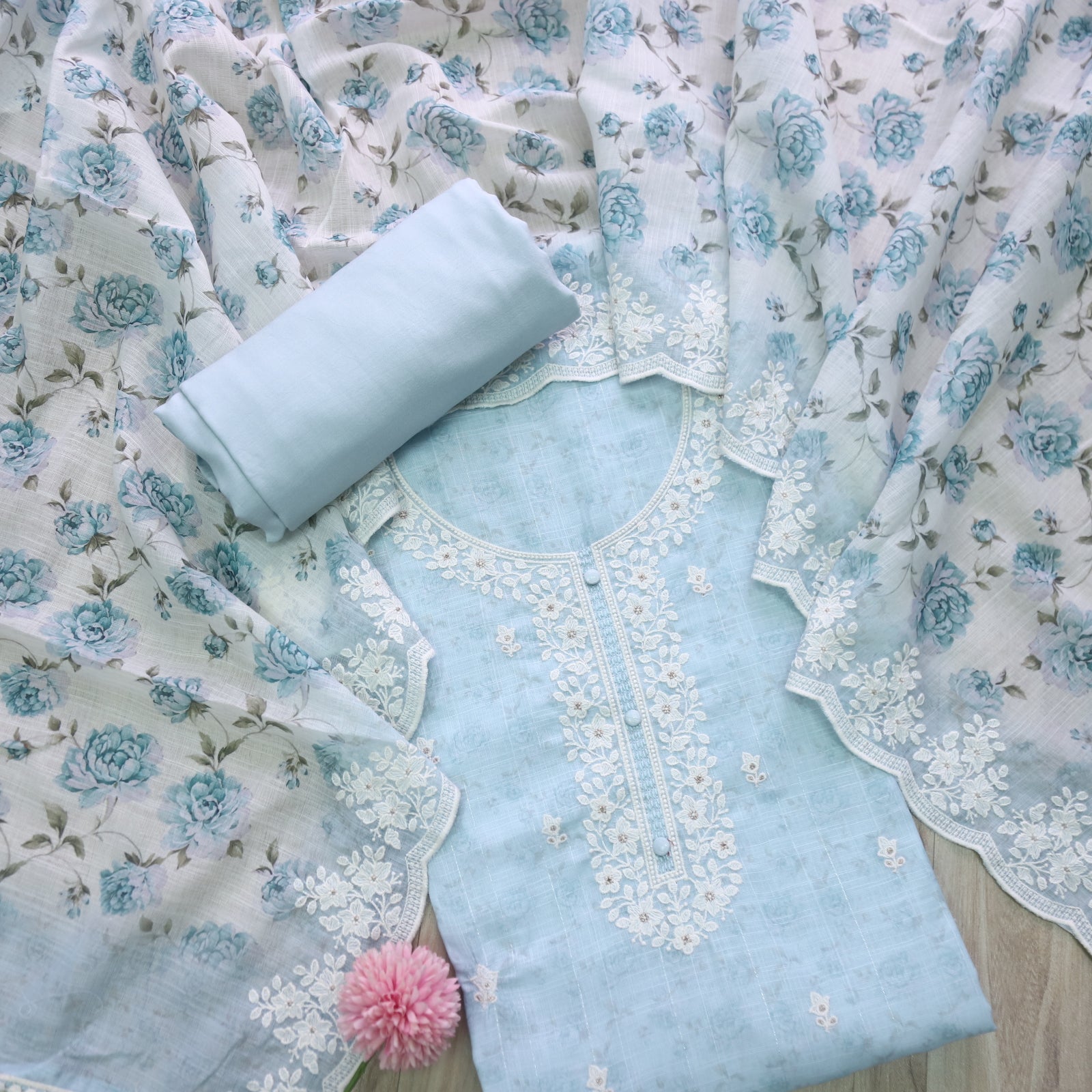 Roop Pastel Blue Thread Work Embroidery Neck Cotton Linen Suit Set ...