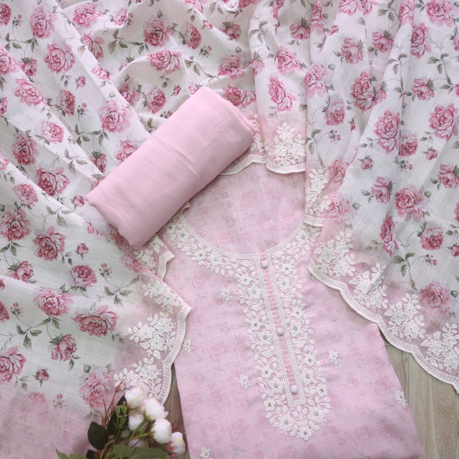 Roop Light Pink Thread Work Embroidery Neck Cotton Linen Suit Set ...