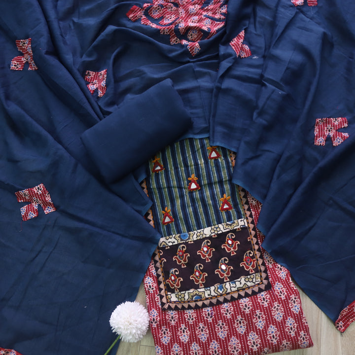 Ruhani Apple Red Ajrak Print Mirror Work Cotton Top with Applique Dupatta
