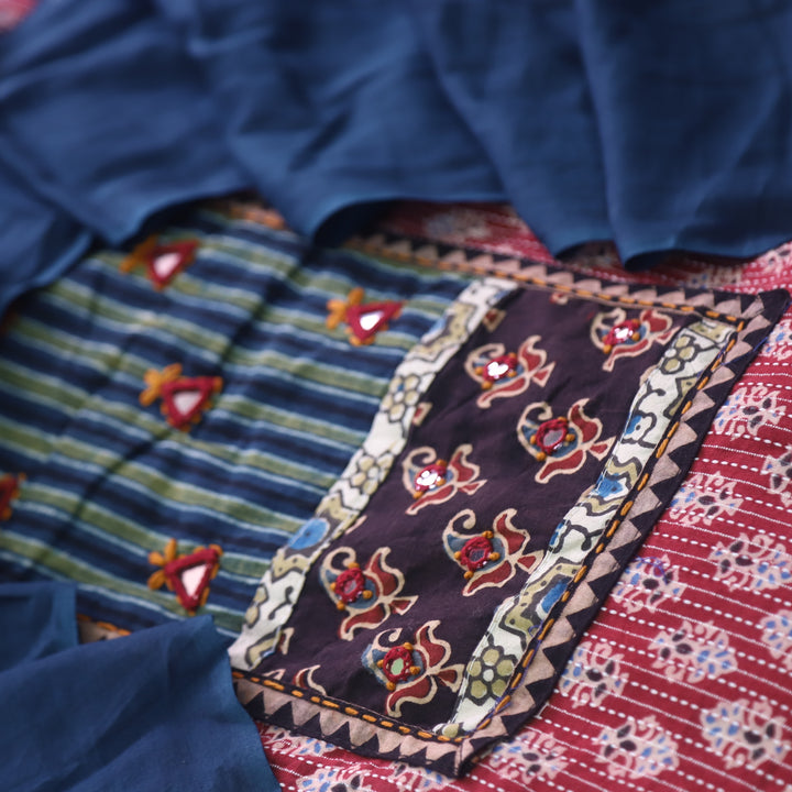 Ruhani Apple Red Ajrak Print Mirror Work Cotton Top with Applique Dupatta