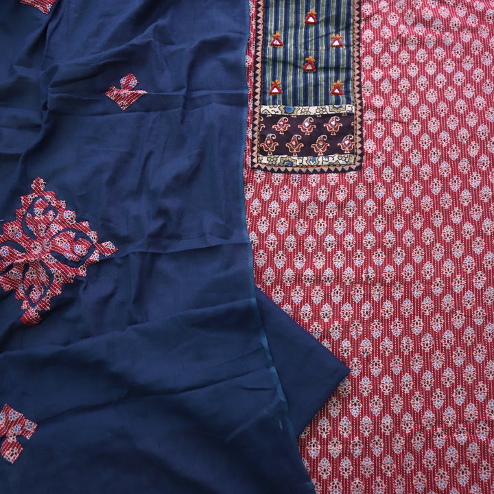 Ruhani Apple Red Ajrak Print Mirror Work Cotton Top with Applique Dupatta