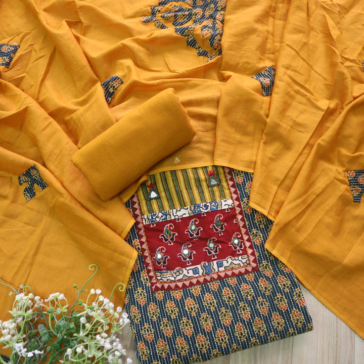 Ruhani Forest Green Ajrak Print Mirror Work Cotton Top with Applique Dupatta