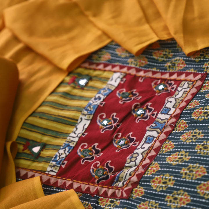 Ruhani Forest Green Ajrak Print Mirror Work Cotton Top with Applique Dupatta