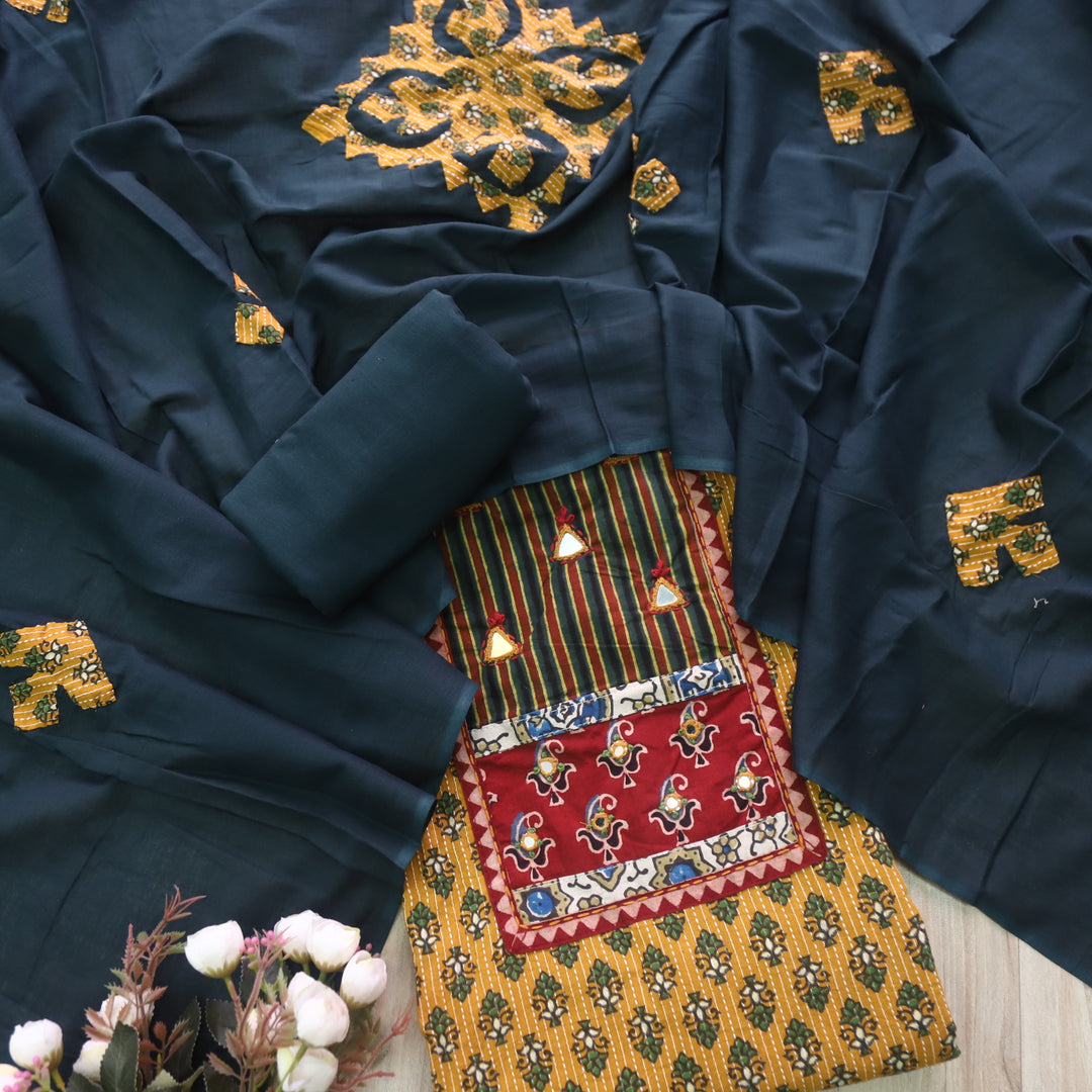 Ruhani Dijon Yellow Ajrak Print Mirror Work Cotton Top with Applique Dupatta