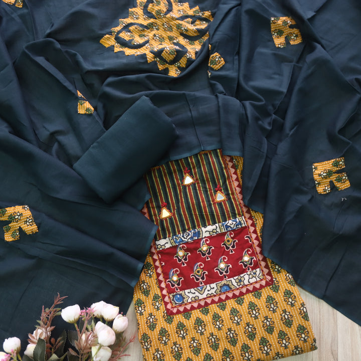 Ruhani Dijon Yellow Ajrak Print Mirror Work Cotton Top with Applique Dupatta