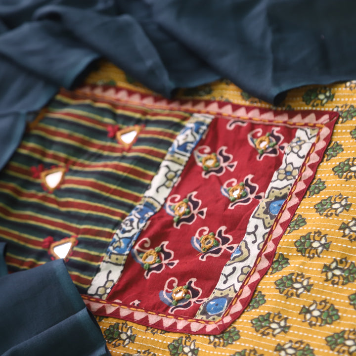 Ruhani Dijon Yellow Ajrak Print Mirror Work Cotton Top with Applique Dupatta