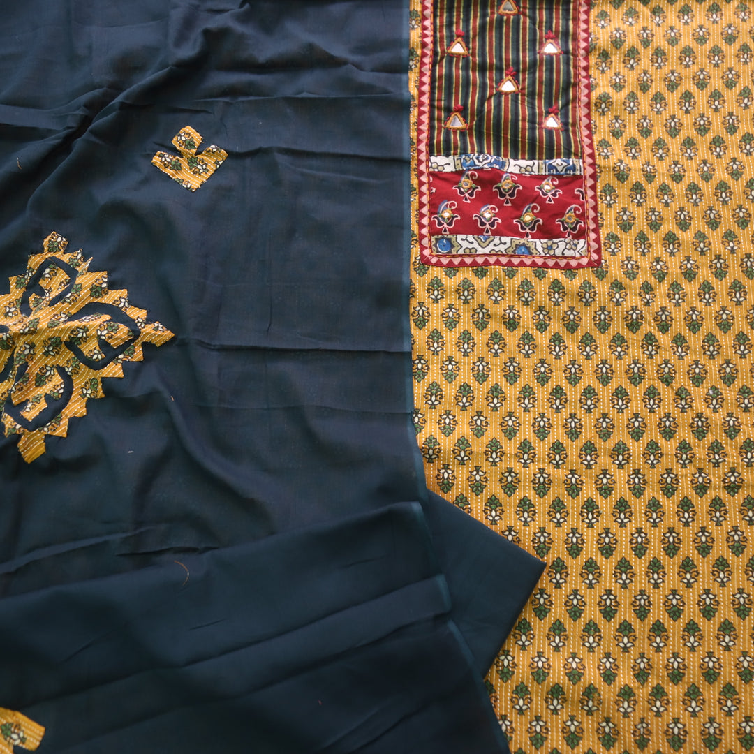 Ruhani Dijon Yellow Ajrak Print Mirror Work Cotton Top with Applique Dupatta