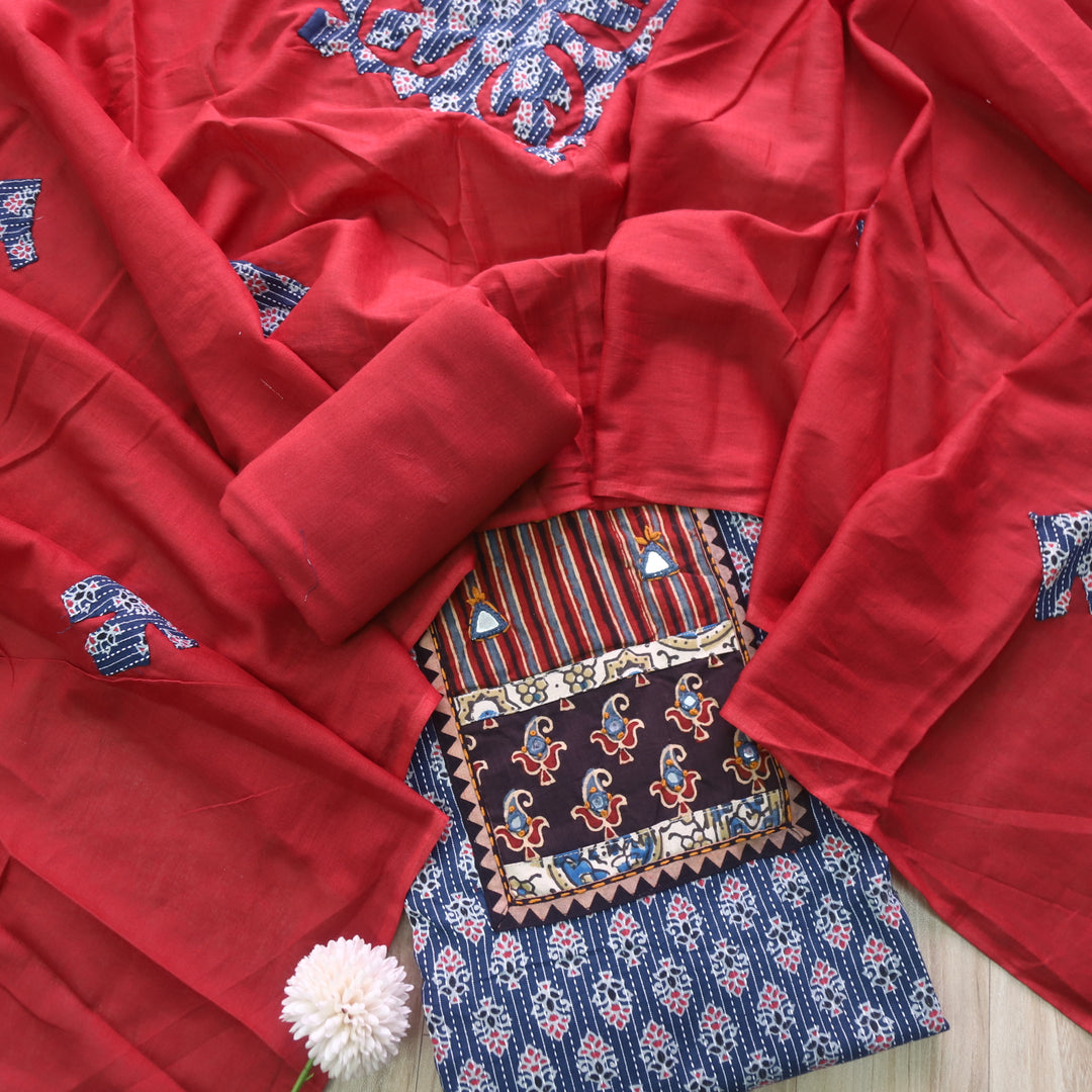 Ruhani Deep Blue Ajrak Print Mirror Work Cotton Top with Applique Dupatta