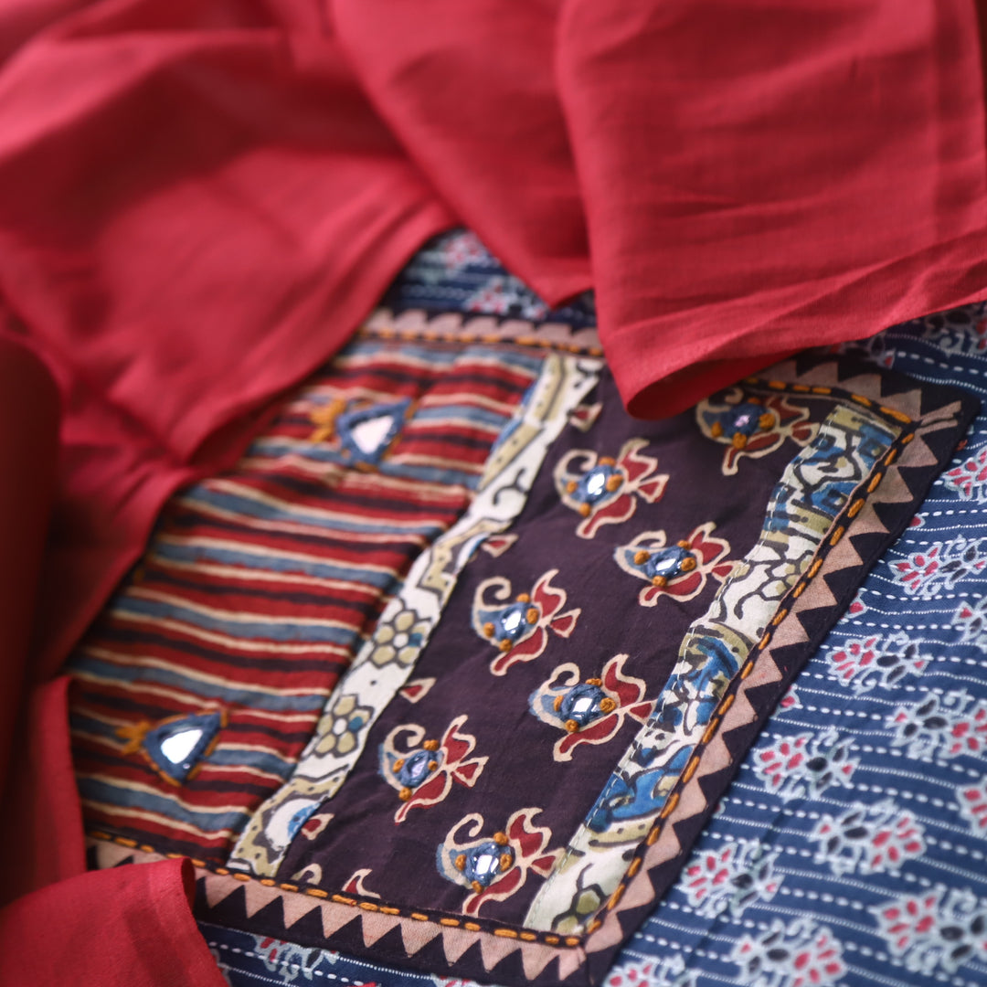 Ruhani Deep Blue Ajrak Print Mirror Work Cotton Top with Applique Dupatta