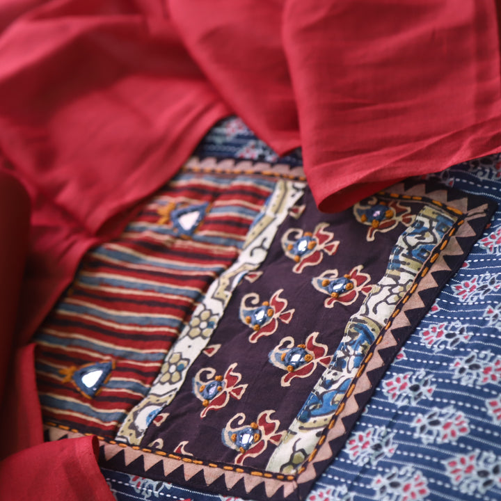 Ruhani Deep Blue Ajrak Print Mirror Work Cotton Top with Applique Dupatta