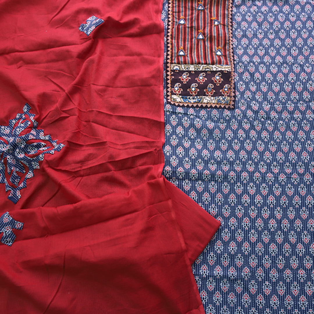 Ruhani Deep Blue Ajrak Print Mirror Work Cotton Top with Applique Dupatta
