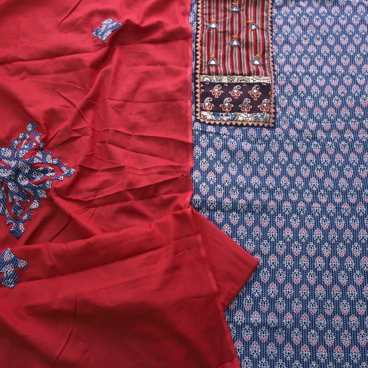 Ruhani Deep Blue Ajrak Print Mirror Work Cotton Top with Applique Dupatta