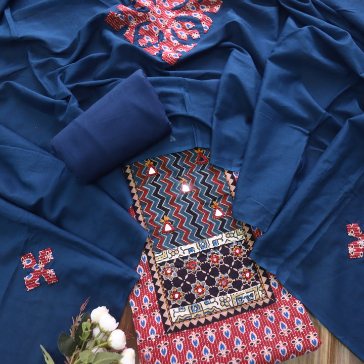 Ruhani Barn Red Ajrak Print Mirror Work Cotton Top with Applique Dupatta