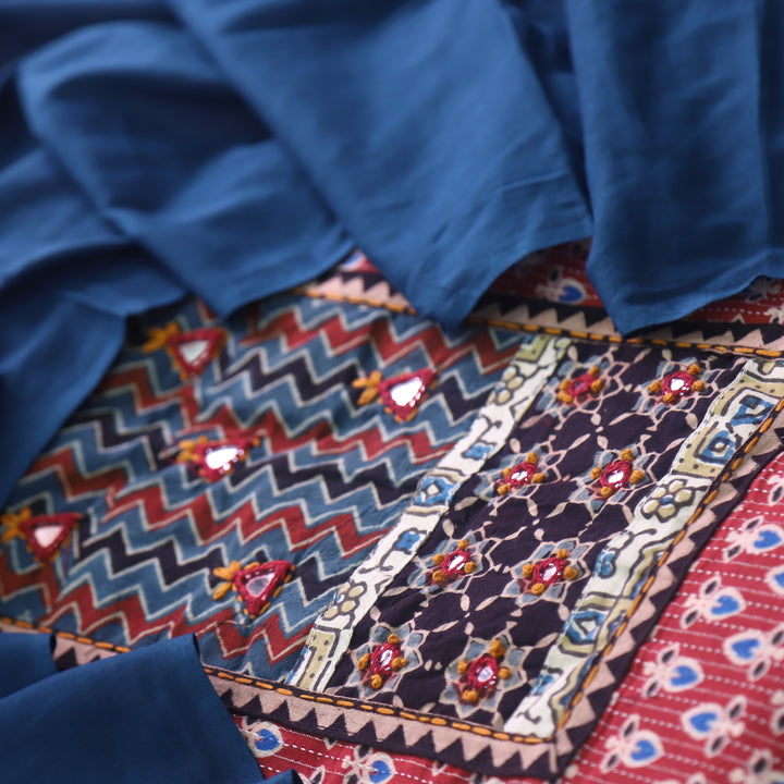 Ruhani Barn Red Ajrak Print Mirror Work Cotton Top with Applique Dupatta