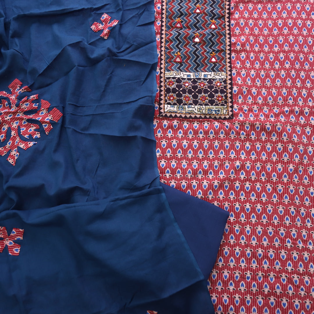 Ruhani Barn Red Ajrak Print Mirror Work Cotton Top with Applique Dupatta