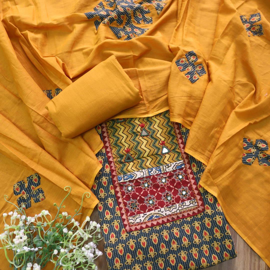 Ruhani Dark Green Ajrak Print Mirror Work Cotton Top with Applique Dupatta