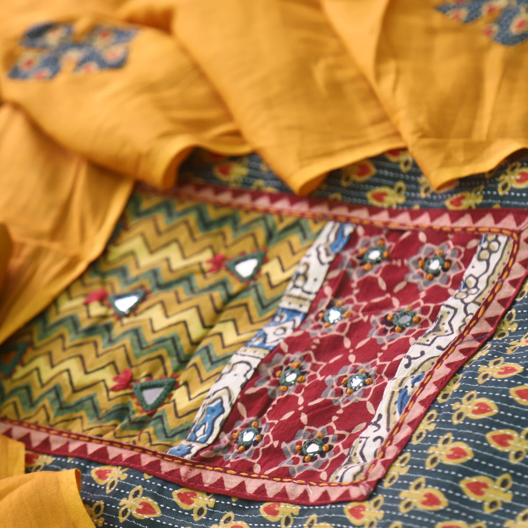 Ruhani Dark Green Ajrak Print Mirror Work Cotton Top with Applique Dupatta