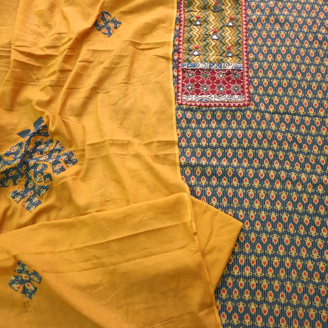 Ruhani Dark Green Ajrak Print Mirror Work Cotton Top with Applique Dupatta