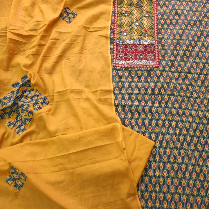 Ruhani Dark Green Ajrak Print Mirror Work Cotton Top with Applique Dupatta