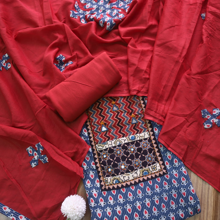 Ruhani Rise Blue Ajrak Print Mirror Work Cotton Top with Applique Dupatta