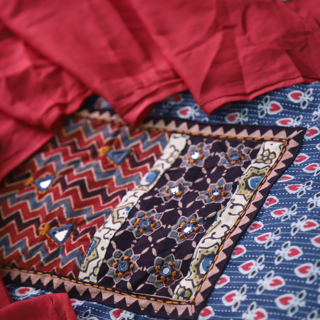 Ruhani Rise Blue Ajrak Print Mirror Work Cotton Top with Applique Dupatta