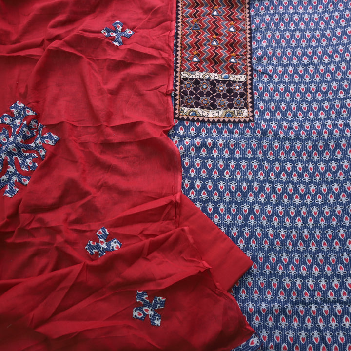 Ruhani Rise Blue Ajrak Print Mirror Work Cotton Top with Applique Dupatta