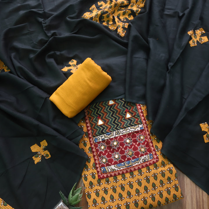 Ruhani Sun Yellow Ajrak Print Mirror Work Cotton Top with Applique Dupatta