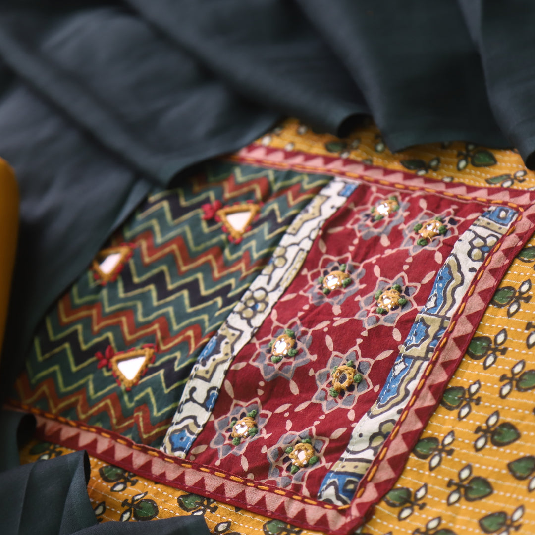 Ruhani Sun Yellow Ajrak Print Mirror Work Cotton Top with Applique Dupatta