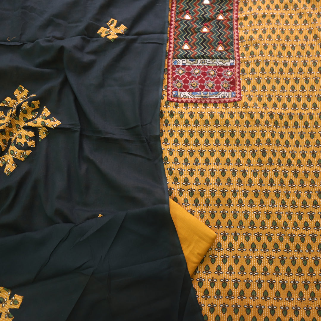 Ruhani Sun Yellow Ajrak Print Mirror Work Cotton Top with Applique Dupatta