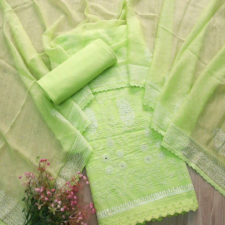 Ruaa Neon Green Anchor Embellished with Mirror Work Cotton Suit Set