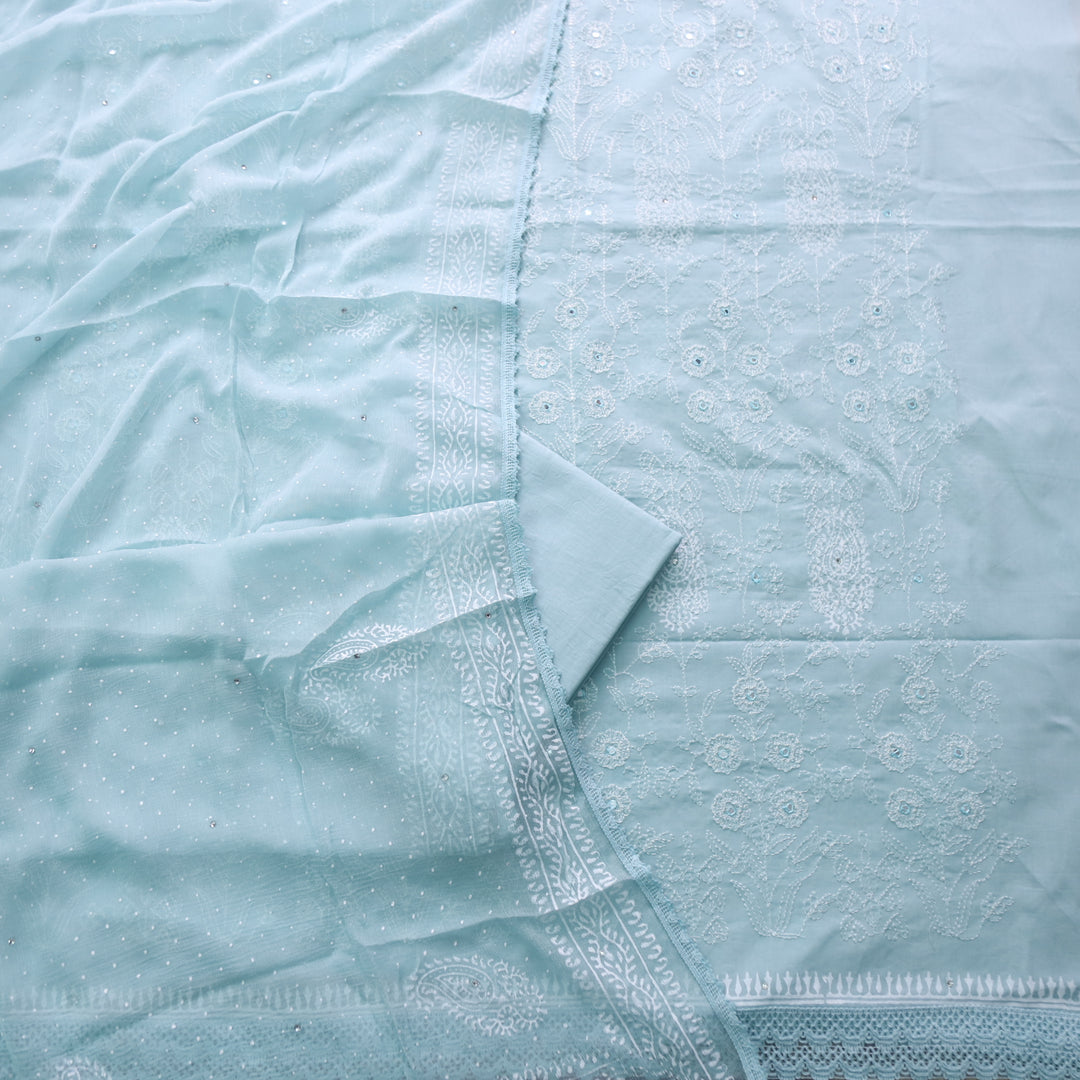 Ruaa Sage Blue  Anchor Embellished with Mirror Work Cotton Suit Set
