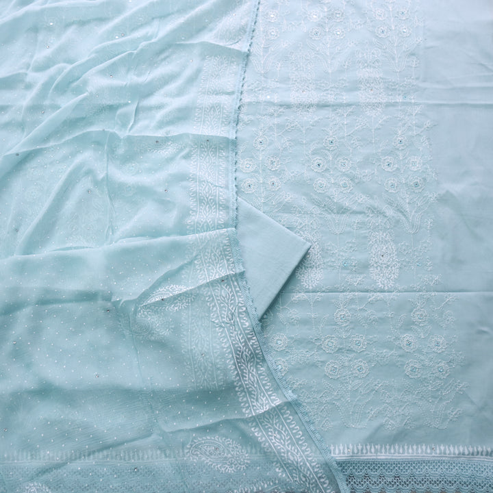 Ruaa Sage Blue  Anchor Embellished with Mirror Work Cotton Suit Set