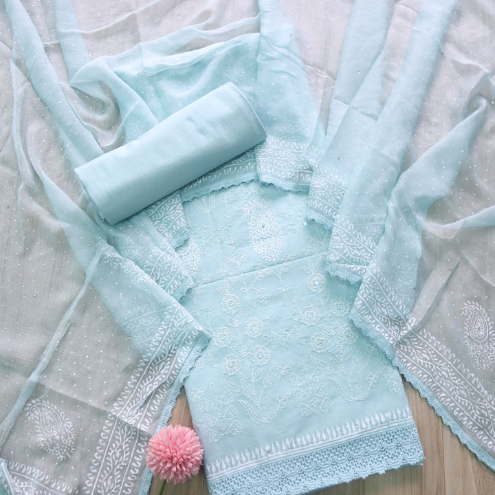 Ruaa Sage Blue  Anchor Embellished with Mirror Work Cotton Suit Set