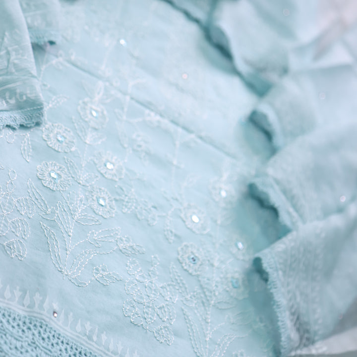Ruaa Sage Blue  Anchor Embellished with Mirror Work Cotton Suit Set