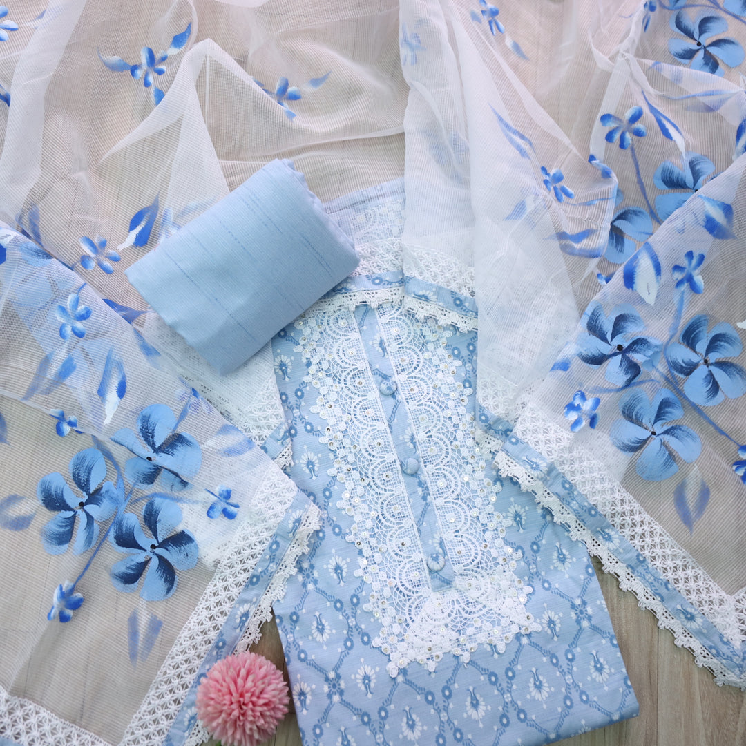 Aashna Light Baby Blue Lace Work Floral Printed Cotton Suit Set