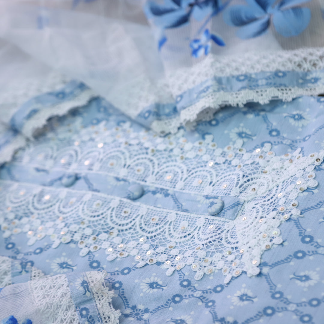 Aashna Light Baby Blue Lace Work Floral Printed Cotton Suit Set