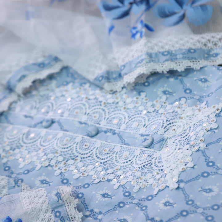 Aashna Light Baby Blue Lace Work Floral Printed Cotton Suit Set