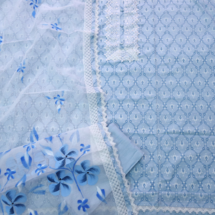 Aashna Light Baby Blue Lace Work Floral Printed Cotton Suit Set