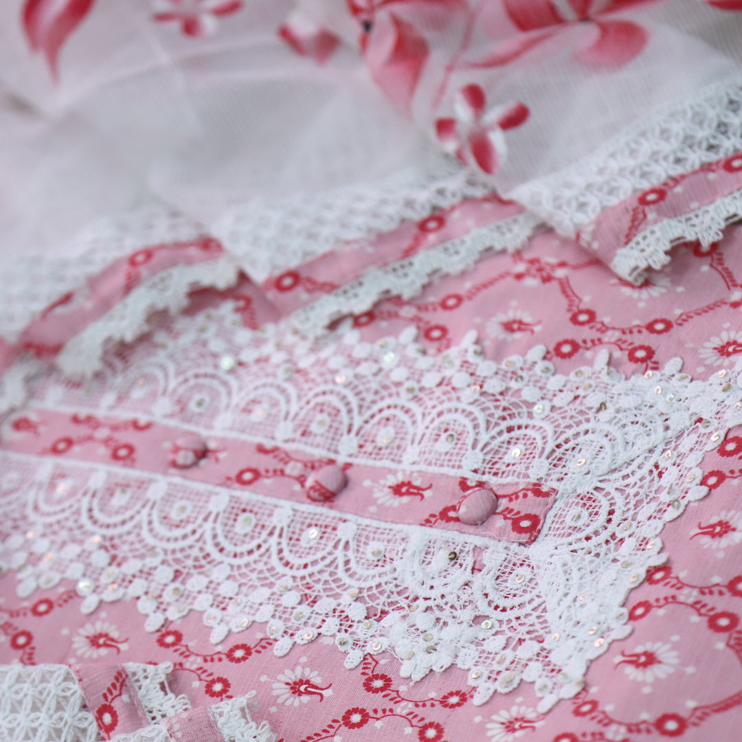 Aashna Light Baby Pink Lace Work Floral Printed Cotton Suit Set