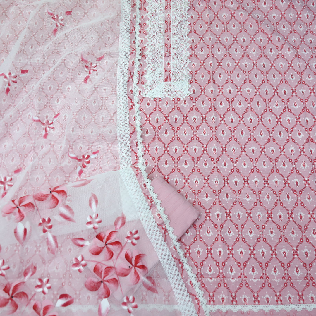 Aashna Light Baby Pink Lace Work Floral Printed Cotton Suit Set
